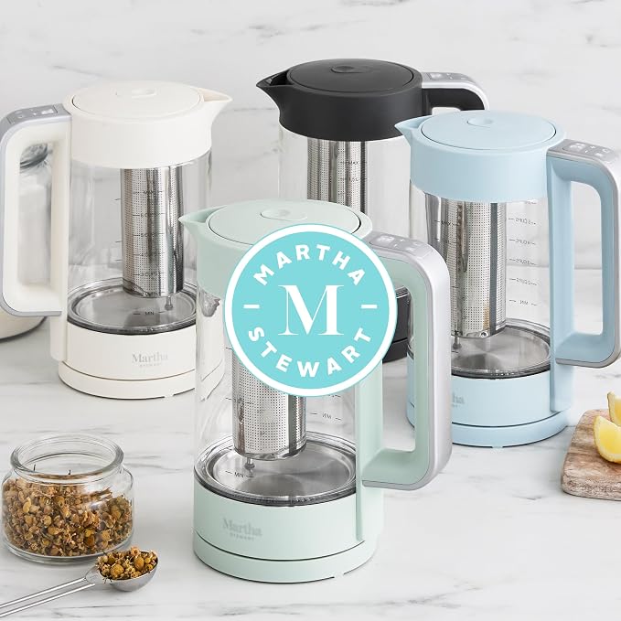 Martha Stewart Electric Kettle with Removable Stainless Steel Tea Infuser, Glass Carafe 1.7L (7 Cups), Hot Water Boiler, 4 Presets, Keep Warm & Auto Shut-Off, Cordless 360° Swivel Base, Indigo Blue