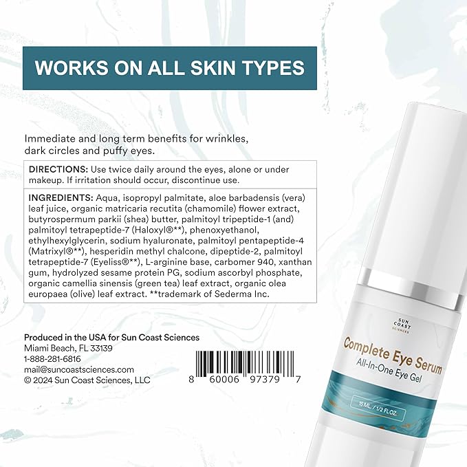 Sun Coast Sciences - Complete Eye Serum by Dr. Mark Rosenberg for Wrinkle Reduction, Age Spots Fading, and Under-Eye Bags Treatment,1/2 Fl Oz