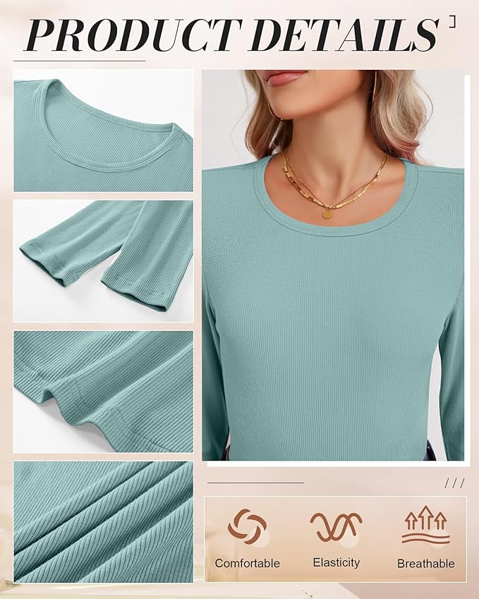 Ficerd 3 Pack Women's Ribbed Long Sleeve Tops, Crew Neck Slim Fit Undershirts Knit Basic Casual Stretch Layering Tee Shirts