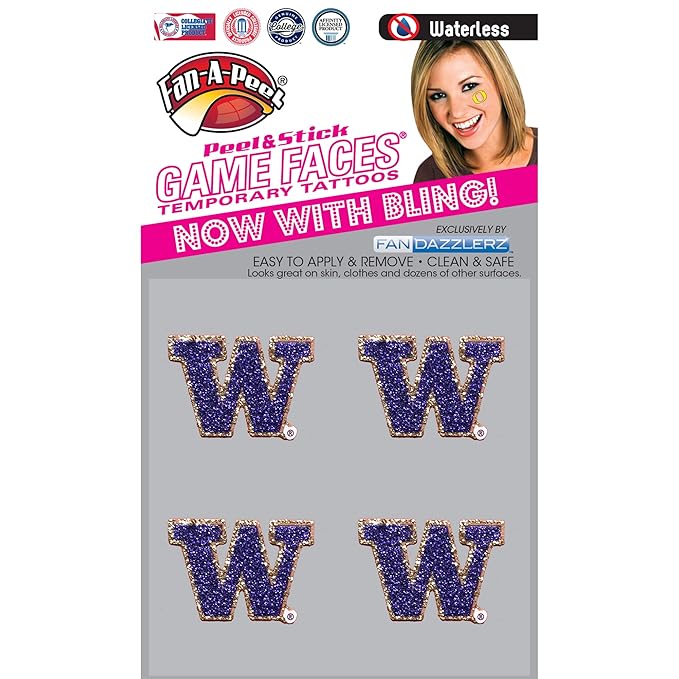 Fan-A-Peel Washington Waterless Temporary Tattoos - Hypoallergenic Peel and Stick Waterproof Temporary Tattoos, Glitter - Officially Licensed