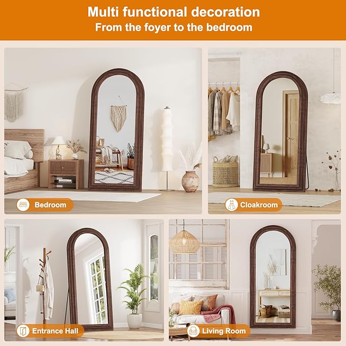 ZHUNFA External Three-Layer Arched Full Length Mirror with Solid Wood Frame | 71x32 Modern Farmhouse Decor Standing Mirror Full Length, Wall Mounted, Leaning, Standing for Bedroom, Living Room, Brown.