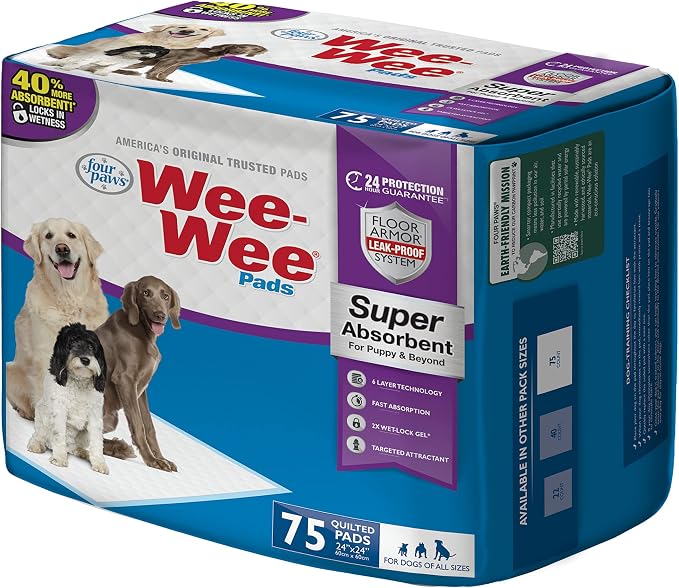 Four Paws Wee-Wee Super Absorbent Pads for Dogs, 75 Count | Leak-proof puppy pads, locks in wetness, dog housebreaking & potty training, all day floor protection, 24" x 24"