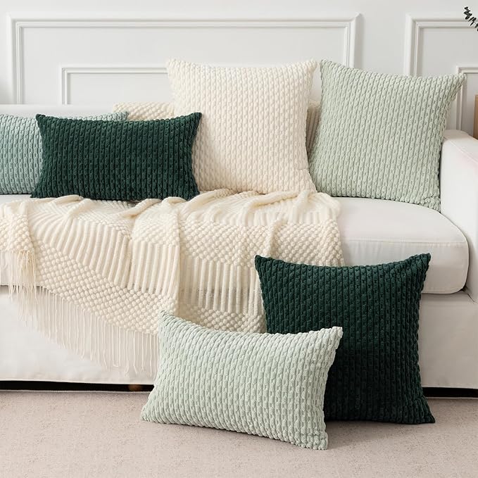Kevin Textile Soft Corduroy 14"x24" Lumbar Pillow Cover 1 Pack, Army Green | Boho Stripe Plush Corduroy Decorative Oblong Cushion Cover Modern Farmhouse Home Decor for Sofa Couch Bed Chair