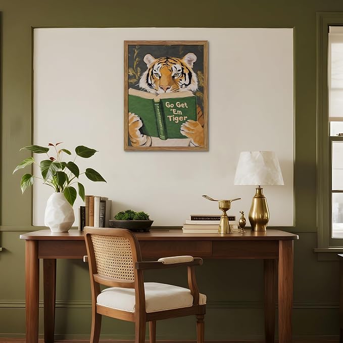 Framed Tiger Canvas Wall Art, Motivational Tigers Reading Poster Print, Humorous Bookworm Pictures Wall Decor, Vintage Go Get Em Tiger Painting for Office Library Bedroom Decor 12x16 inch