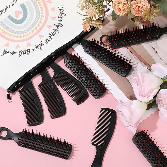 SiliFine 96 Pcs Bulk Hair Brush Combs for Homeless Individually Wrapped Hair Brush and Comb Set for Women Hotel Nursing Charity Travel(Black)