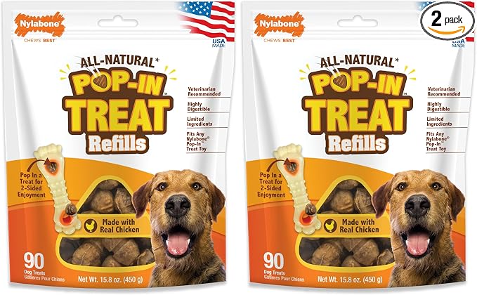 Nylabone Pop-in Treat-Toy Refill Chews, All-Natural Dog Treats for Treat Dispensing Toys, Chicken Flavor, 90 Count (Pack of 2)
