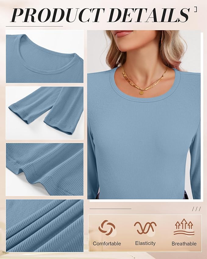 Ficerd 3 Pack Women's Ribbed Long Sleeve Tops, Crew Neck Slim Fit Undershirts Knit Basic Casual Stretch Layering Tee Shirts