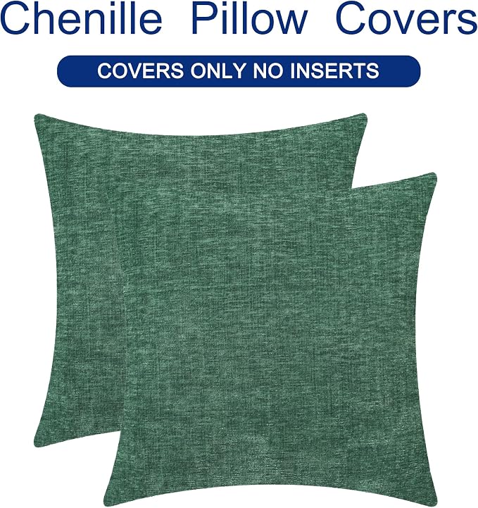 CaliTime Decorative Couch Throw Pillow Covers 22 X 22 Inches Dark Green | Pack of 2, Cozy Chenille Cushion Cases for Sofa Bed Living Room Farmhouse Home