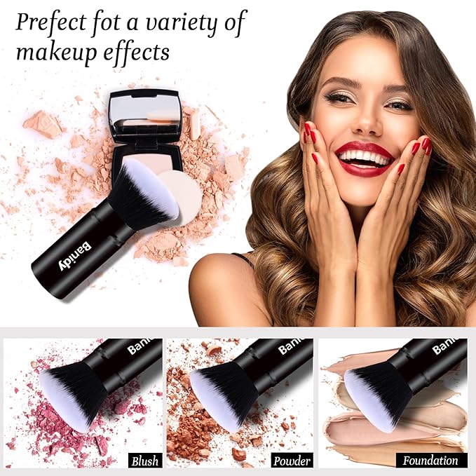 Makeup Brush Kabuki Face Brushes Retractable Travel Blush Brush Portable Flawless for Foundation, Powder Blush, Bronzer, Buffing, Liquid, Cream, Cruelty Free with Cover(Flat-Head)