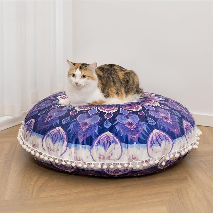 Meditation Cushion Set of 2, Round Floor Pillow Seating for Adults, Bohemian Mandala Yoga Cushion, 32" Extra Thick Memory Foam Removable Washable Cover, Ideal Gift Holiday Decor, Purple