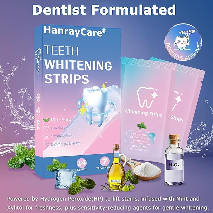 HanrayCare Premium Teeth Whitening Strips, Comfortable Ultra-Thin, No-Residue, Non-Slip, Enamel-Safe, Professional Dentist-Formula for 3X Faster Whitening & Tough Stains Remove | Travel-Friendly