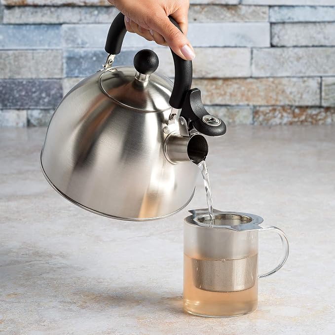 Primula Stewart Whistling Tea Kettle for Stovetop, Stainless Steel Stove Top Kettle with Fast Boil Whistling Spout and Cool Touch Folding Handle, 1.5-Quart, Brushed Silver with Black Handle