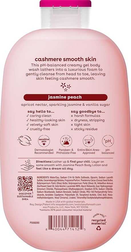 eos Cashmere Body Wash – Jasmine Peach, Moisturizing Body Wash, Creamy Gel Formula, with Shea Butter, Glycerin, Vitamin E, pH Balanced, Sensitive Skin, Vegan, 16 fl oz