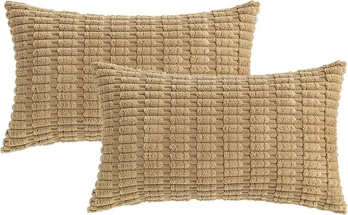 MIULEE Lumbar Corduroy Decorative Throw Pillow Covers 12x20 Khaki Pack of 2 | Soft Boho Striped Pillow Covers Modern Farmhouse Fall Home Decor For Sofa Living Room Couch Bed