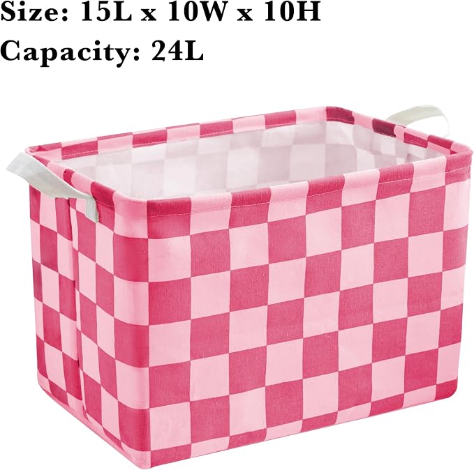 Hot Pink Coral Checkered Canvas Basket, Rectangular Organizing Decorative Storage Basket for Kids Dog Toy, Cute Aesthetic Race Cars Boy Room Decor for Home, Kitchen, Bedroom, Classroom, Shelves