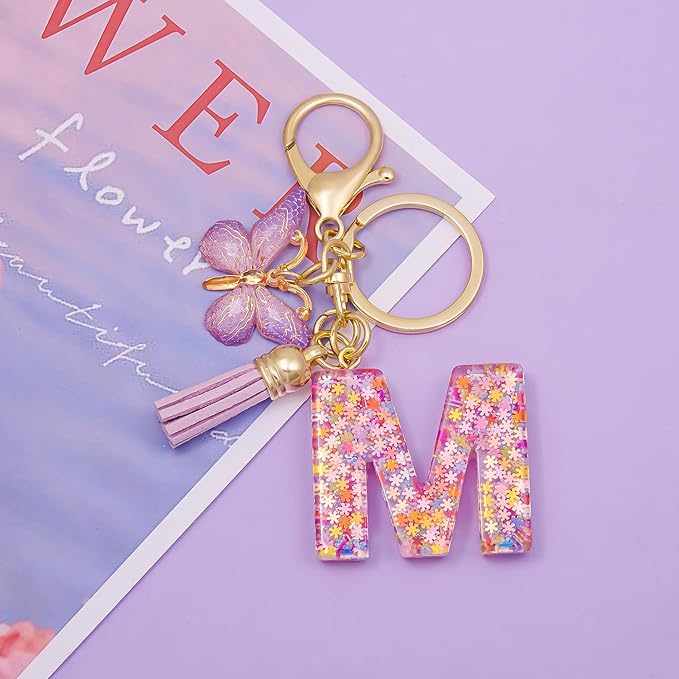 Fashion Alphabet Initial Letter Keychain Tassel Butterfly Pendant Key Ring for Purse Handbags Women Girl
