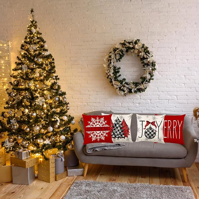 ONFAON Christmas Decorations - Christmas Pillow Covers 18x18 Set of 4,Farmhouse Christmas Throw Pillow Covers Set for Home Bedroom Sofa Couch