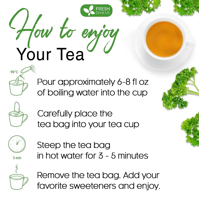 Premium 75 Parsley Leaf Tea Bags, 100% Natural & Pure from Parsley Leaves. Loose Leaf Parsley Herbal Tea. Parsley Leaf Tea. Made with Natural Material Tea Bags. No Sugar, No Caffeine, No Gluten, Vegan.
