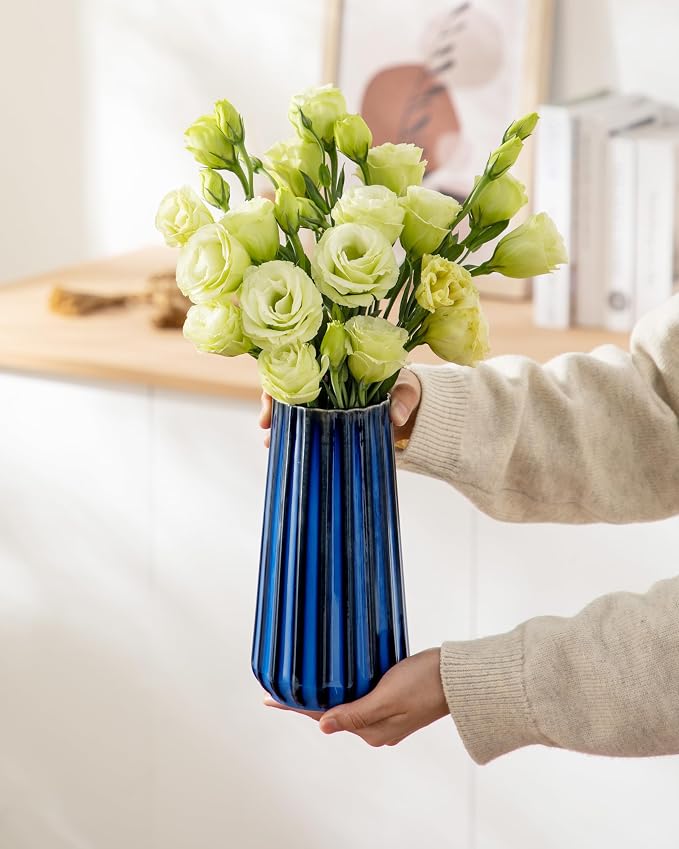 vancasso Ceramic Vase, 7.8 Inch Modern Ribbed Glossy Decorative Vase, Flower vase for Home Decor, Living Room, Bedroom, Office Decor, Blue