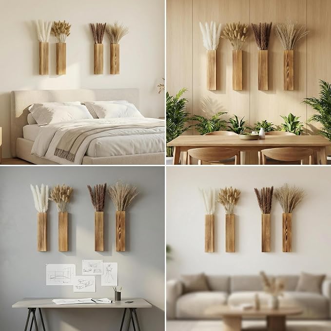 Sawoake 4-Piece Wooden Hanging Wall Vase Set with Pampas Grass and Eucalyptus Dried Flowers, Modern Farmhouse Home Decor for Living Room Entryway Bathroom Hallway Dining Room(Brown)