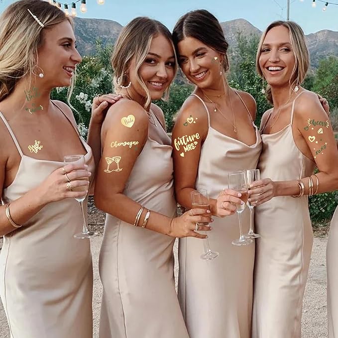 Bride's Babes Bachelorette Temporary Tattoos, Bride Tribe Cheers Gold Metallic Tattoos for Bachelorette Party Bridesmaid Favors Decorations(Bride+Miss to Mrs)