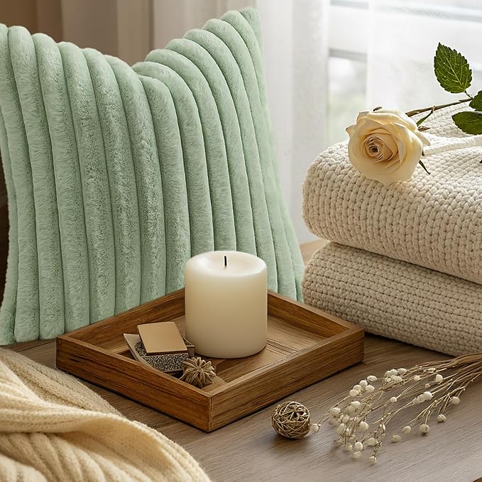 decorUhome Fall Faux Fur Throw Pillow Covers 12x20 Set of 2 Sage Green | Decorative Soft Cozy Striped Plush Modern Farmhouse Boho Couch Pillow Cases Velvet Back for Sofa Bed Living Room Home Decor