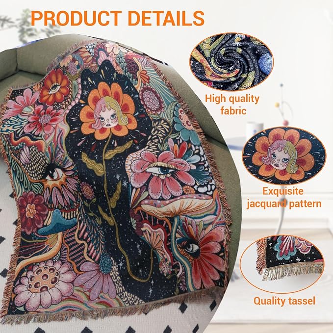 Woven Hippie Boho Throw Blanket for Couch Bed Chair Lounge Boho Room Decor Reversible Cotton Whimsical Throw Blanket Witchy Room Decor Aesthetic Throws Bed Spread Outdoor Camping Blankets 51x59 Inches