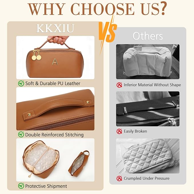 KKXIU Initial Makeup Bag for Women - Personalized Makeup Bag Gifts for Women, Travel Toiletry Bag with PU Leather, Open Flat Design with Top Handle, Cosmetic Bag Set with Multi-Pocket (Brown,E)