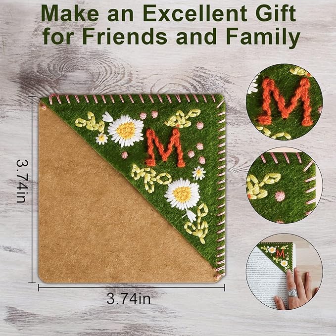 MOTEERLLU Personalized Hand Embroidered Corner Bookmark,Felt Triangle Page Stitched Handmade Bookmark,Unique Cute Flower Letter Embroidery Bookmarks Accessories for Book Lovers(Summer-y)