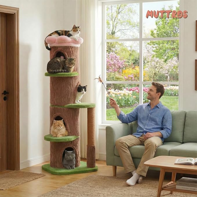 MUTTROS 68.5" Forest Cat Tree Tower with 4 Condos & Flower Top Bed, Brown | Tree-look design, 3.8in thick sisal post, 4 spacious condos, Flower top bed, Heavy duty build, Multi-cat homes