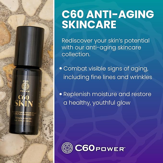 C60 Power Skin Roll On - Roller for Face, Hands & Body, Made with Organic Avocado Oil & 99.99% Pure Sublimated Carbon 60, Age Defying Skin Care, Natural Support for Wrinkles & Dry Patches - 0.33 fl oz