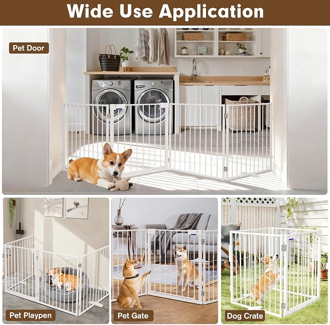 104" Extra Wide Dog Gate, Heavy Duty Metal Freestanding Dog Gate with Door for Indoor & Outdoor, Foldable Pet Fence for Doorways,House,Porch,Deck,Yard,Stairs, Auto Close(4 Panels,White)