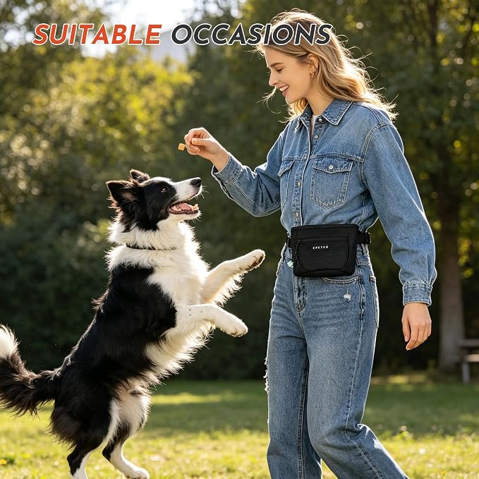Dog Treat Pouch with Training Clicker, Treat Bag Fanny Pack with Magnetic and Zipper Closure Waterproof and Durable Treat Pouches for Pet Training Walking (Black)