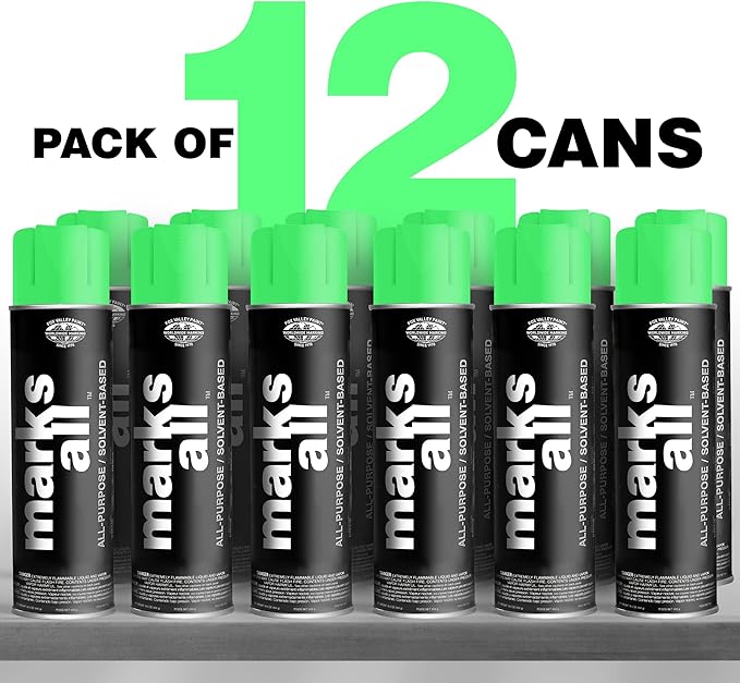 Fox Valley 18oz Marks All Solvent-Based Marking Paint Spray, 12-Pack Green Fluorescent – Long-Lasting, Weather-Resistant Spray Paint for Wet or Dry Surfaces Like Metal, Grass, Concrete, Wood, & More