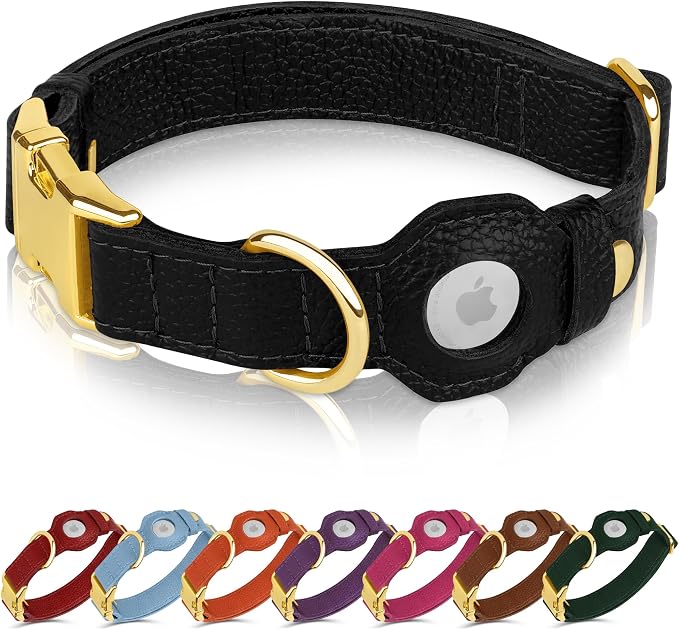 Leather Airtag Dog Collar - Soft Tracking Dog Collar with Apple AirTag Holder and Metal Buckle - Safety GPS Pet Collars for Small Medium Large Dogs Puppy Pink Red (Black, XS, 9"-12" Neck Fit)