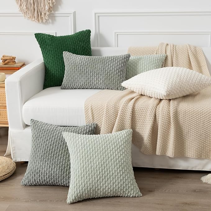 Kevin Textile Soft Corduroy 14"x24" Lumbar Pillow Cover 1 Pack, Grey Green | Boho Stripe Plush Corduroy Decorative Oblong Cushion Cover Modern Farmhouse Home Decor for Sofa Couch Bed Chair