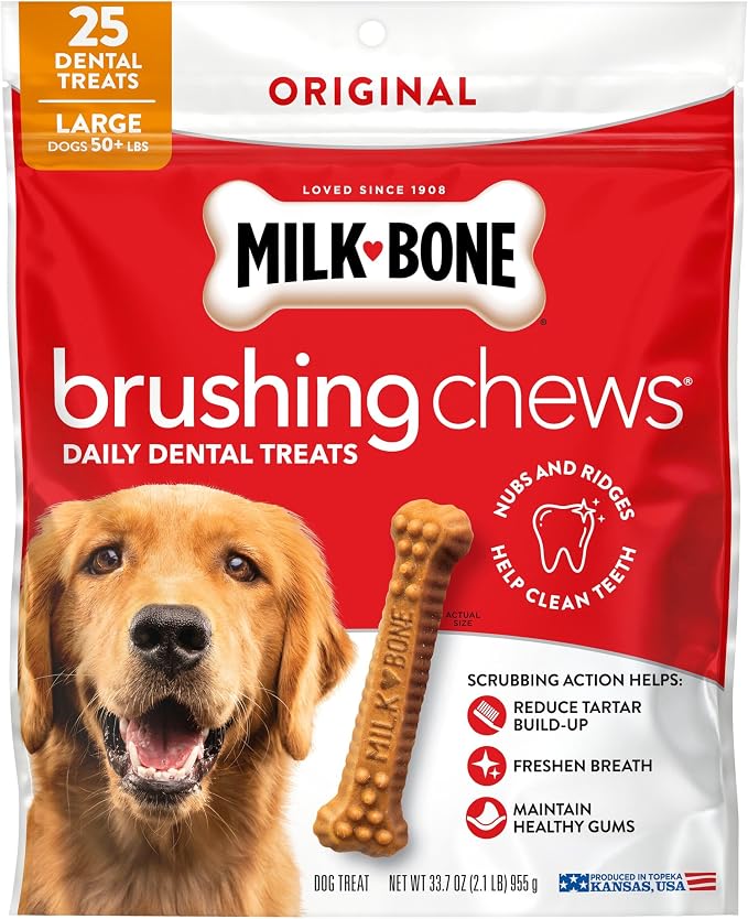 Milk-Bone Brushing Chews Large Daily Dental Dog Treats, 33.7 oz Bag | 25 treats, chicken flavored, VOHC accepted dental chews, helps clean teeth and freshen breath, for large dogs 50 lbs and up