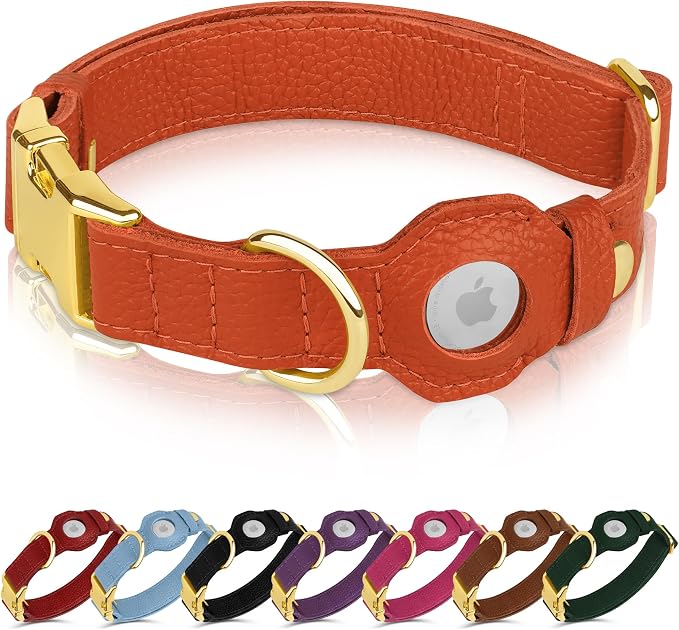 Leather Airtag Dog Collar - Soft Tracking Dog Collar with Apple AirTag Holder and Metal Buckle - Safety GPS Pet Collars for Small Medium Large Dogs Puppy Pink Red (Orange, XS, 9"-12" Neck Fit)