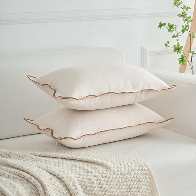Scalloped Pillow Covers Set of 2 for Living Room | Spring Decorative Sofa Couch Lumbar Pillows | Boho Sytle Decorative Home | Aesthetic Funky Preppy Pillow Cases (Beige & Brown, 12x20 Inch)