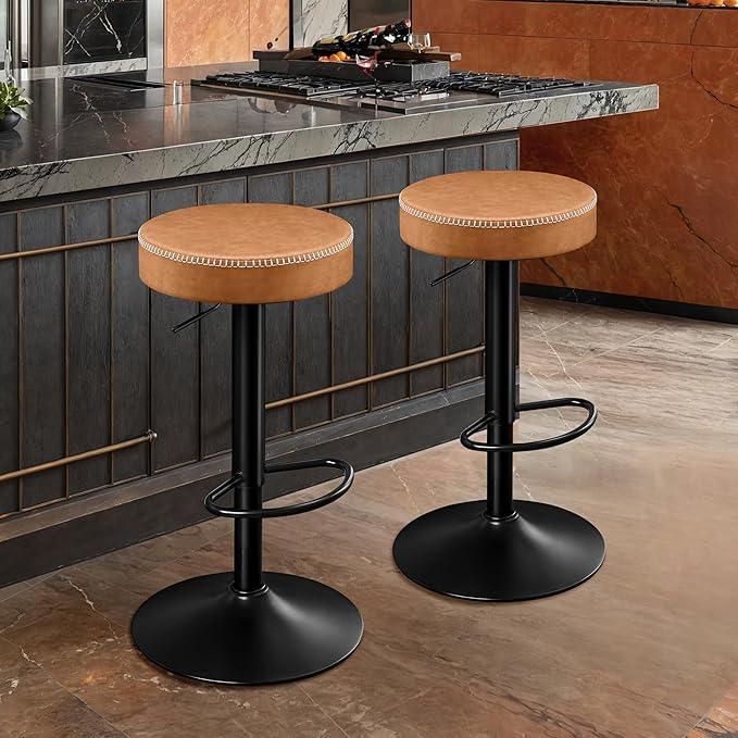 Tall Bar Stools Set of 2 Modern Microfiber Leather Bar Height Stools with Round Seat 360° Swivel Backless Counter Stools Adjustable Barstools for Kitchen Island Pub Brown(24-33 Inch,330lbs)