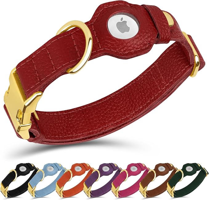 Leather Airtag Dog Collar - Soft Tracking Dog Collar with Apple AirTag Holder and Metal Buckle - Safety GPS Pet Collars for Small Medium Large Dogs Puppy Pink Red (Red, S, 12"-15" Neck Fit)