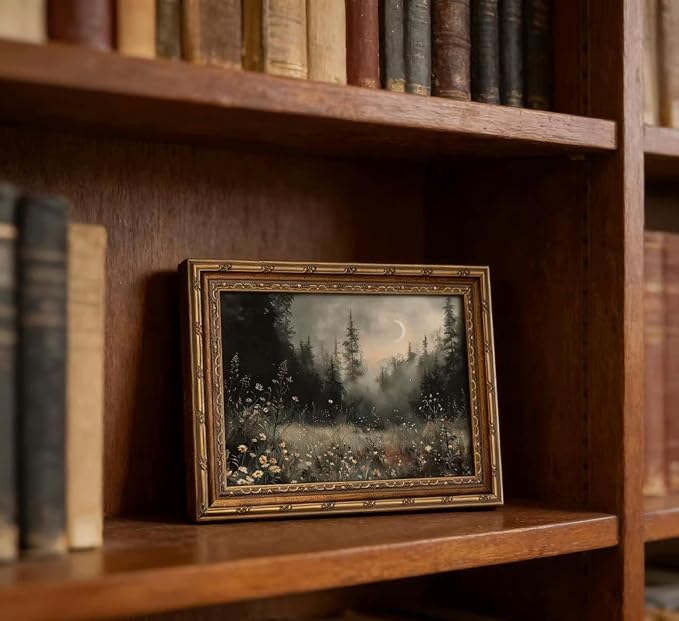 Vintage Gold Framed Moonlit Forest Wall Art Crescent Moon Forest Wildflower Gothic Canvas Print Dark Moody Moon Botanical Flowers Wall Decor Rustic Nature Night Landscape Poster Artwork for Offices