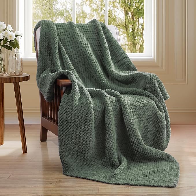 Waffle Knit Throw Blanket for Couch, Soft Cozy Chunky Knit Thick Knitted Blanket for Sofa, Bed, Gift for Women Girls Home Decor (Sage, Throw 50"x60")