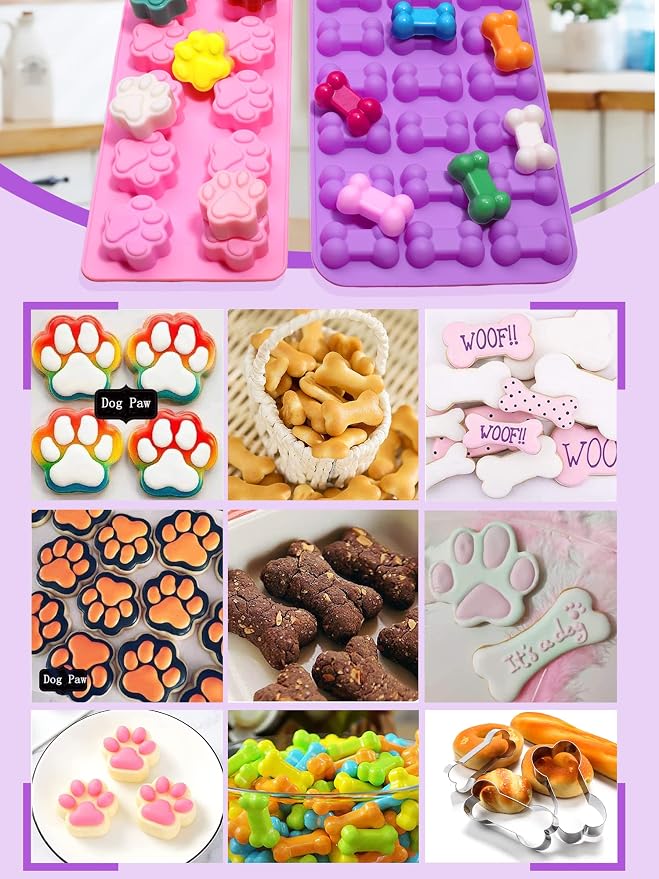 Puppy Dog Paw and Bone Silicone Molds,Non-Stick Food Grade Silicone Molds for Baking,Dog Bone Cookie Cutters for Treats - Set of 6