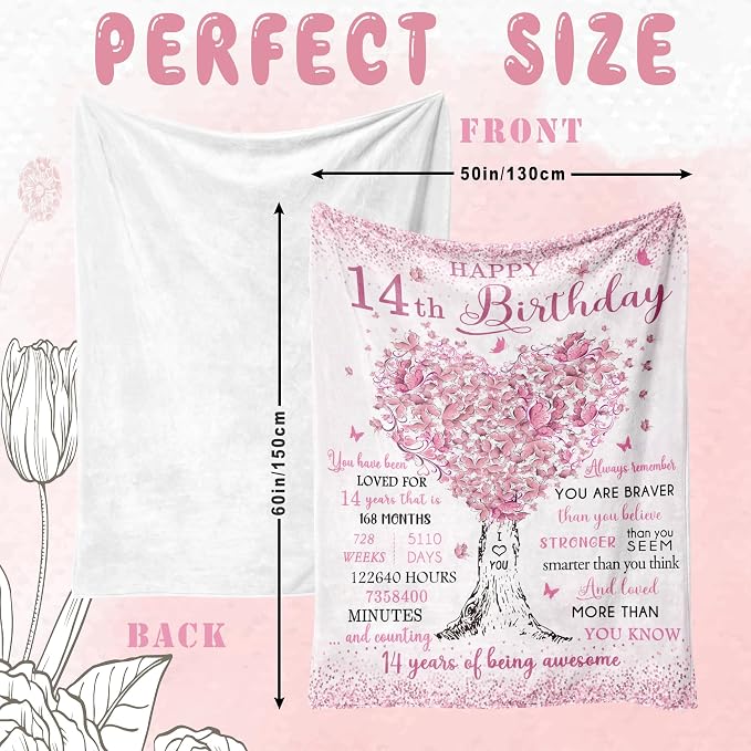 Vuinezo Gifts for 14 Year Old Girl, 14th Birthday Decorations for Girls Blanket 50"X60", Bday Gifts for 14 Yr Old Girl, 14th Birthday Throw