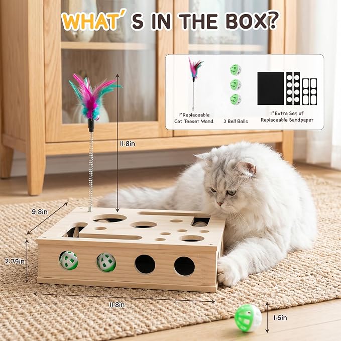 SENNOVI Wooden Cat Puzzle Feeder & Scratcher Toy, Hunting Treat Dispenser