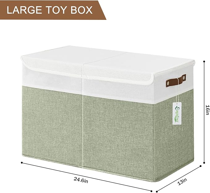 Large Toy Storage Box with Lids, Collapsible Sturdy Baby Storage Organizer Chest Bin Basket for Kids, Boys, Girls, Playroom, Nursery, Bedroom, Closet 25"x13"x16" (Green and White)