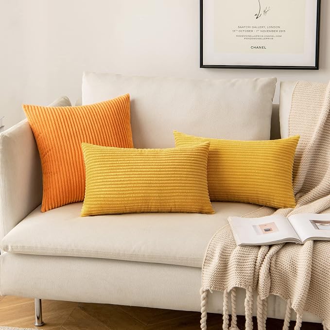 MIULEE Soft Corduroy Throw Pillow Covers Set of 2 20x20 Mustard Yellow | Decorative Striped Textured Cushion Cases, Boho Rustic Square Pillowcases, Home Decor for Couch Chair Sofa Bed Living Room
