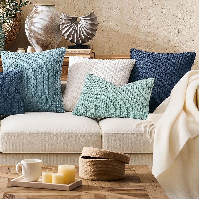 Kevin Textile Soft Corduroy 12"x20" Lumbar Pillow Cover 1 Pack, Navy Blue | Boho Stripe Plush Corduroy Decorative Oblong Cushion Cover Modern Farmhouse Home Decor for Sofa Couch Bed Chair