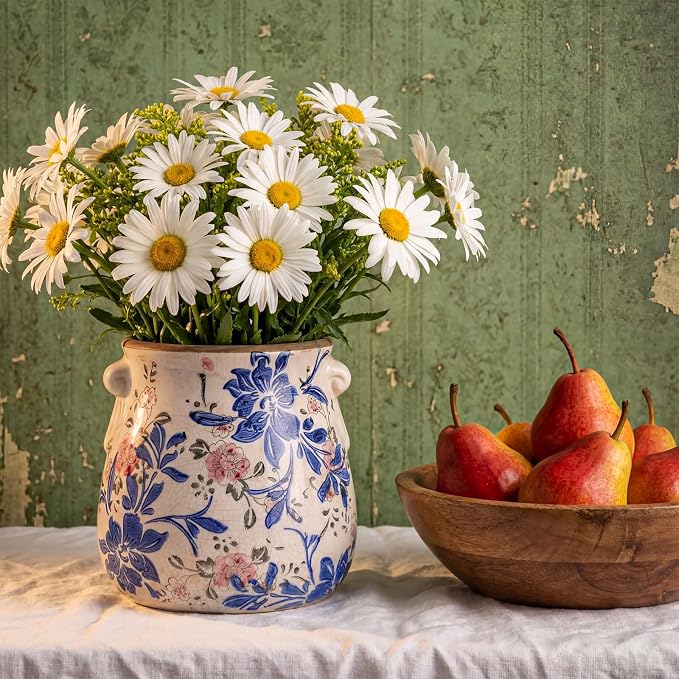Ceramic Scroll Planter 6.5 Inch Chinoiserie Floral Vase with Drainage Holes Vintage Flower Vase Flower Pot Rustic Ceramic Pots for Indoor Plants Garden Home Bookshelf Decor(Blue, Red)